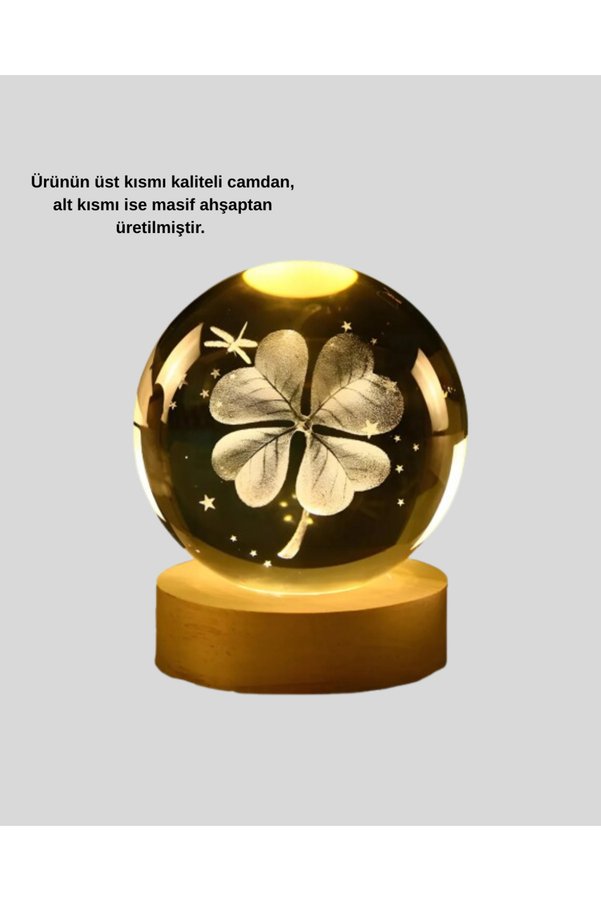 Northcity N Yonca Bitki Figürlü Led Işıklı Cam Küre Gece Lambası Ahşap Standlı Dekorasyon