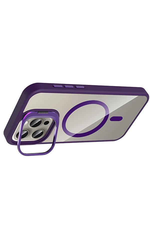 Buti̇k Harmonyaura Apple İphone 15 Pro Max Remi̇m Lensli̇ Magsafe Standlı Kapak - Deri̇n Mor