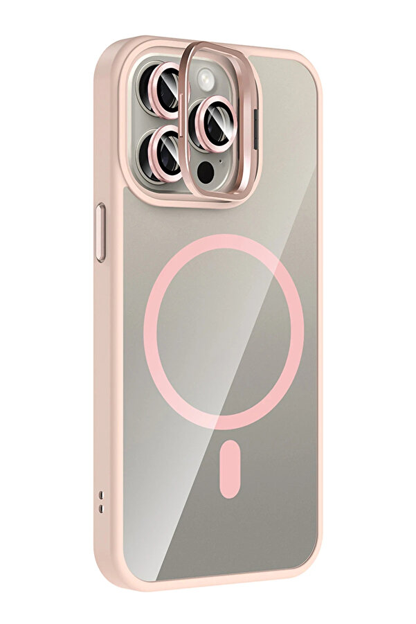 Buti̇k Harmonyaura Apple İphone 15 Pro Max Remi̇m Lensli̇ Magsafe Standlı Kapak - Pembe