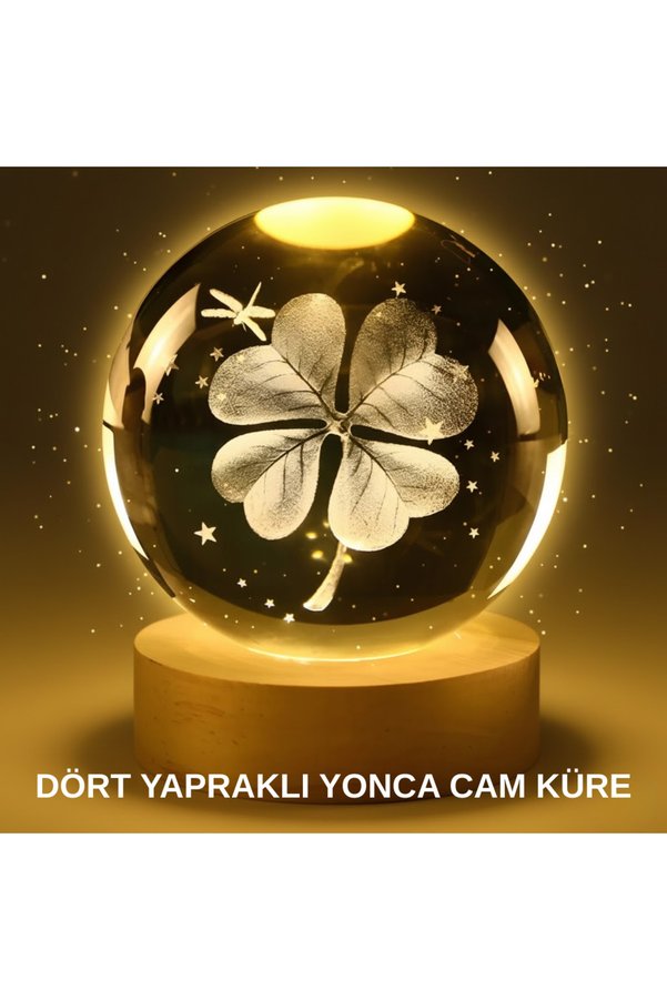 Northcity N Yonca Bitki Figürlü Led Işıklı Cam Küre Gece Lambası Ahşap Standlı Dekorasyon