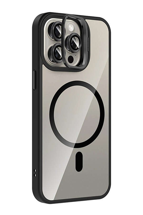 Buti̇k Harmonyaura Apple İphone 15 Pro Max Remi̇m Lensli̇ Magsafe Standlı Kapak - Si̇yah