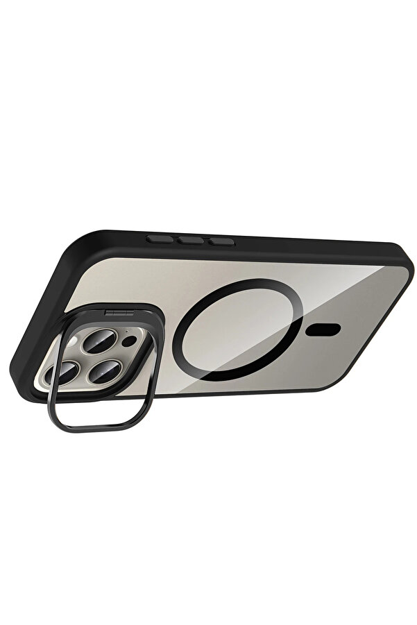 Buti̇k Harmonyaura Apple İphone 15 Pro Max Remi̇m Lensli̇ Magsafe Standlı Kapak - Si̇yah