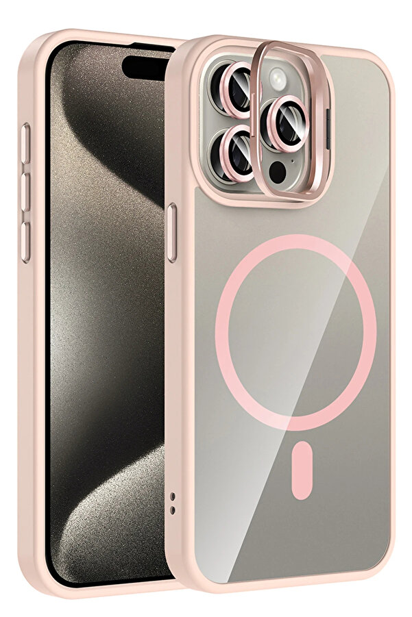 Buti̇k Harmonyaura Apple İphone 15 Pro Max Remi̇m Lensli̇ Magsafe Standlı Kapak - Pembe