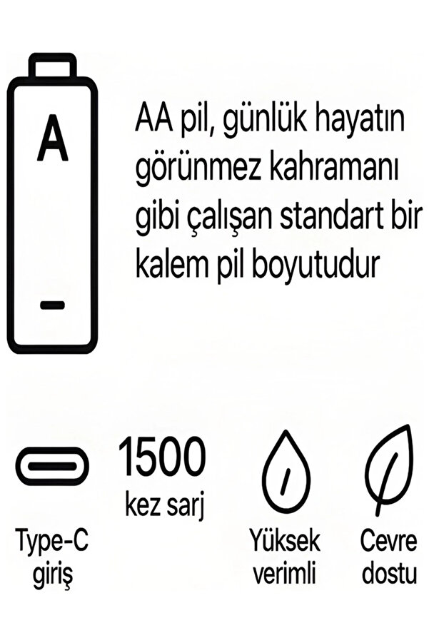 Evi̇mdeyokyok Type-C Şarjlı 2800Mwh 1.5V Şarj Edi̇lebi̇li̇r 2’Li̇ Aa5 Kalın Pi̇l - Li̇tyum Iyon Batarya