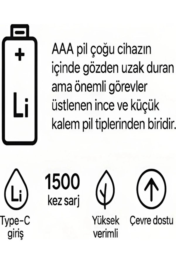 Evimdeyokyok Type-C Şarjlı 800Mwh 1.5V Şarj Edilebilir 2’Li Aaa İnce Pil - Lityum Iyon Batarya