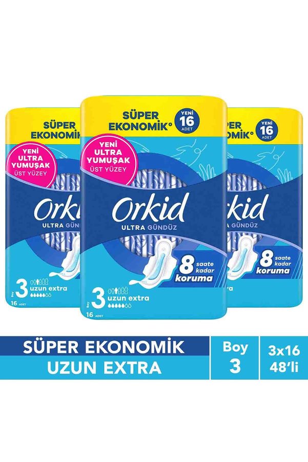 Orkid Ultra Uzun Extra 16 Adet Süper Ekonomik Hijyenik Ped x3