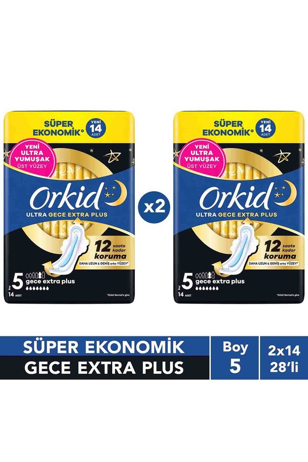 Orkid Ultra Gece Extra Plus 14 Adet Süper Ekonomik Hijyenik Ped x2