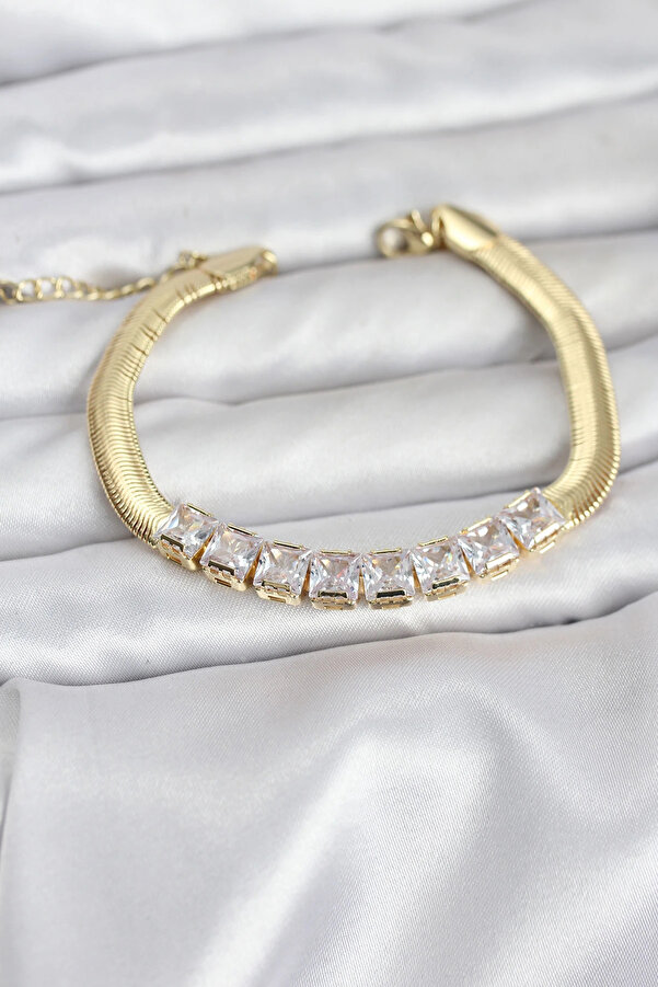 Buti̇k 316L Çeli̇k Gold Renk Kare Zi̇rkon Taşlı Yılan Zi̇nci̇rli̇ Kadın Bi̇lekli̇k