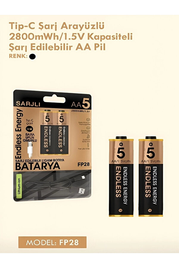 Evi̇mdeyokyok Type-C Şarjlı 2800Mwh 1.5V Şarj Edi̇lebi̇li̇r 2’Li̇ Aa5 Kalın Pi̇l - Li̇tyum Iyon Batarya