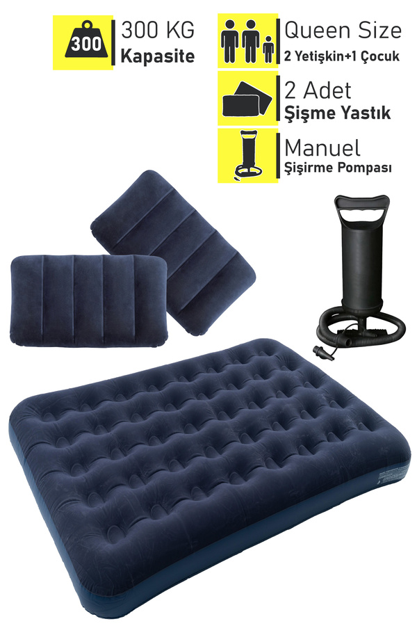 Blooma 64765 Çift Kişilik Şişme Yatak 152x203x25 cm Pompa Dahil 2 Adet Yastık Set