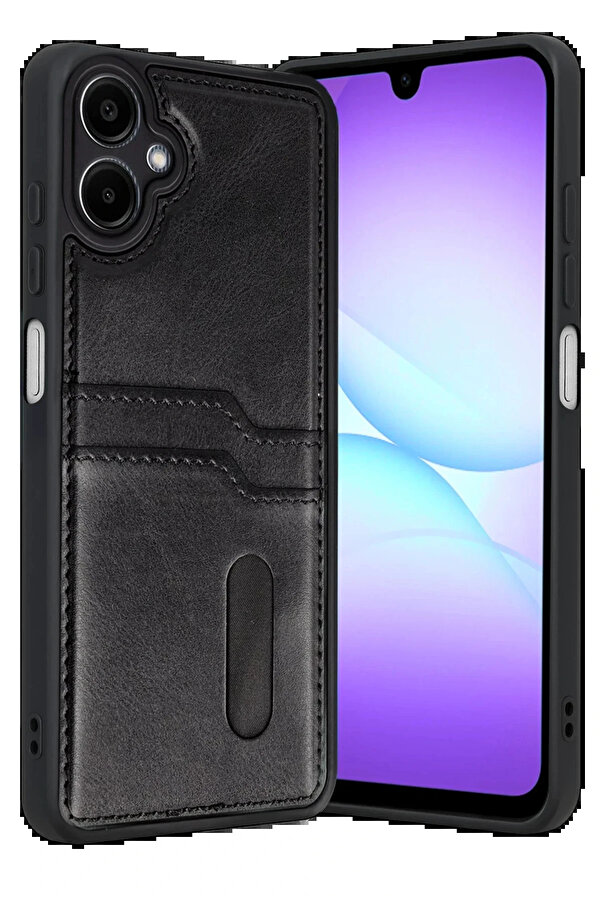 Buti̇k Samsung Galaxy A07 4G Sara Kartvi̇zi̇tli̇ Deri̇ Kılıf - Si̇yah-(5796)