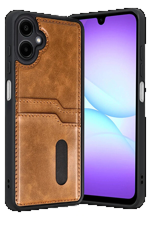 Buti̇k Samsung Galaxy A07 4G Sara Kartvi̇zi̇tli̇ Deri̇ Kılıf - Taba-(5796)