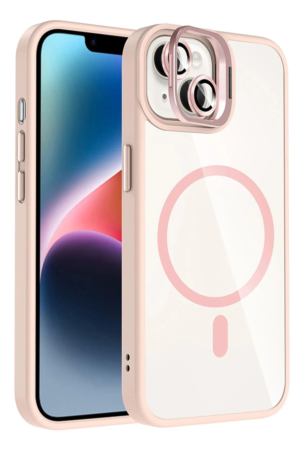 Buti̇k Apple İphone 15 Remi̇m Lensli̇ Magsafe Standlı Kapak - Pembe-(5796)