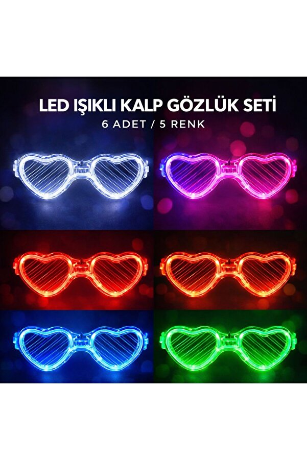 Evi̇mdeyokyok Led Işıklı Kalp Glow Pi̇lli̇ Parti̇ Gözlüğü – 6 Adet / 5 Renk Set