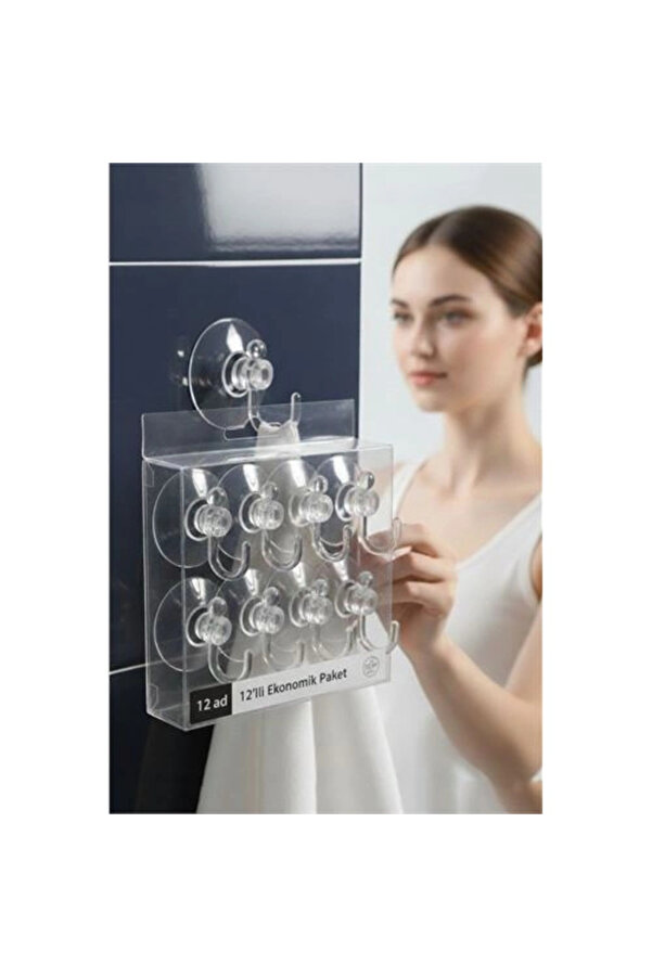 Buti̇k 12 Li̇ Şeffaf Askılı Vantuz Kanca | Banyo & Mutfak Duvar Askısı (4Cm) - 1.36Kg Taşıma