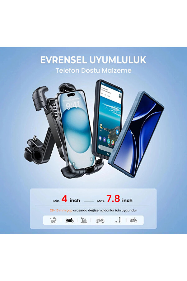 Evimdeyokyok 360° Derece Ayarlanabilen Gidon Bağlantılı Bisiklet Motosiklet İçin Abs 4-7.8″ İnç Telefon Tutucu