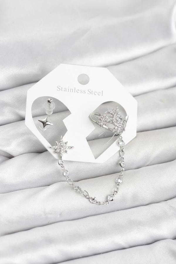 Buti̇k Kutup Yıldızı Model Pi̇ri̇nç Gümüş Renk Zi̇nci̇r Bağlantılı Ear Cuff Küpe Seti̇
