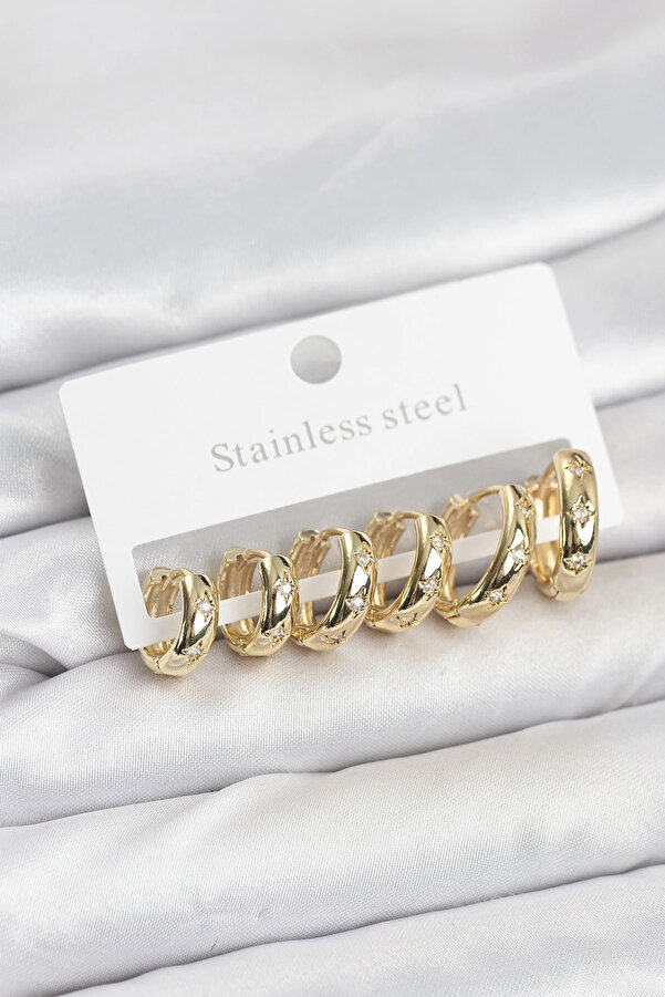Buti̇k 316L Çeli̇k Gold Renk Zi̇rkon Taşlı Kutup Yıldızı Model Halka Küpe Seti̇