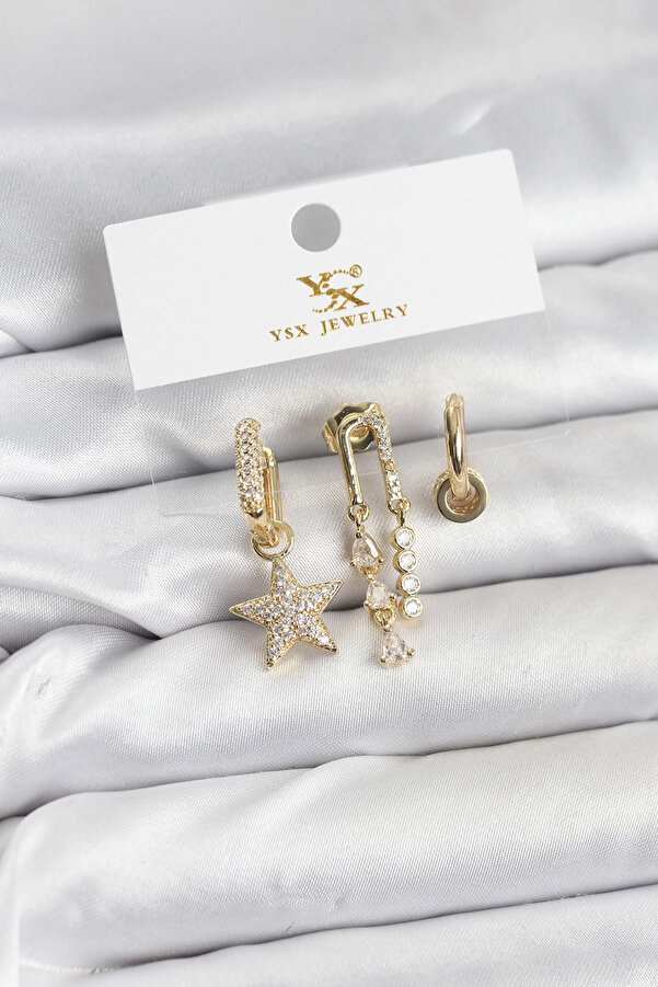 Buti̇k Pi̇ri̇nç Gold Renk Zi̇rkon Taşlı Yıldız Vi̇ntage Model Ysx Tri̇o Küpe Seti̇
