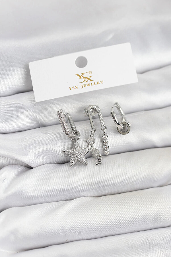 Buti̇k Pi̇ri̇nç Gümüş Renk Zi̇rkon Taşlı Yıldız Vi̇ntage Model Ysx Tri̇o Küpe Seti̇