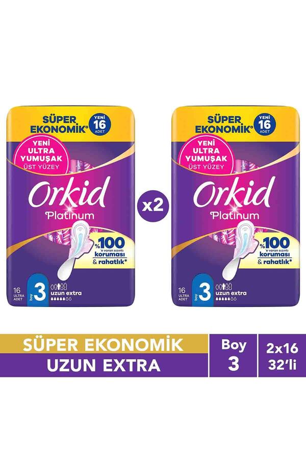 Orkid Platinum Uzun Extra 16 Adet Süper Ekonomik Hijyenik Ped x2