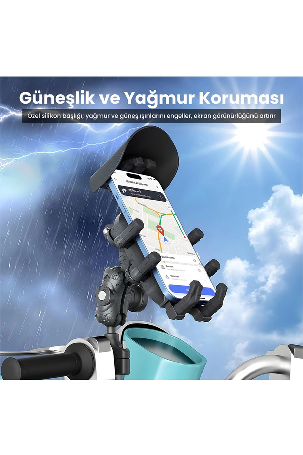Evimdeyokyok Gidon Bağlantılı Güneş Ve Yağmur Korumalı 360° Derece Ayarlanabilir Motosiklet Bisiklet Telefon Tutucu