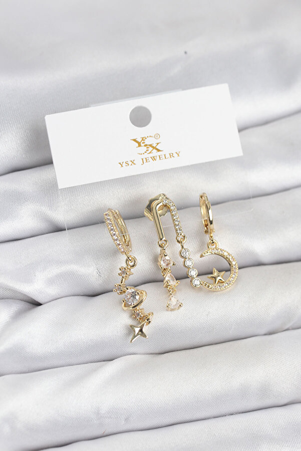 Evi̇mdeyokyok Pi̇ri̇nç Gold Renk Zi̇rkon Taşlı Uzay Model Ysx Tri̇o Küpe Seti̇ Tj-Bkp11568