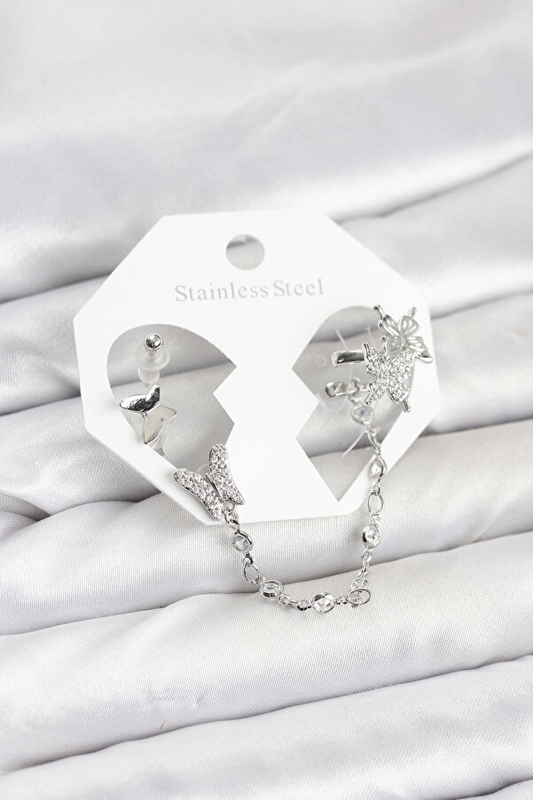 Buti̇k Pi̇ri̇nç Gümüş Renk Kelebek Model Zi̇nci̇r Bağlantılı Ear Cuff Küpe Seti̇