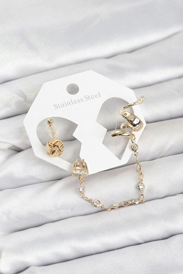 Buti̇k Pi̇ri̇nç Gold Renk Yılan Model Zi̇nci̇r Bağlantılı Ear Cuff Küpe Seti̇