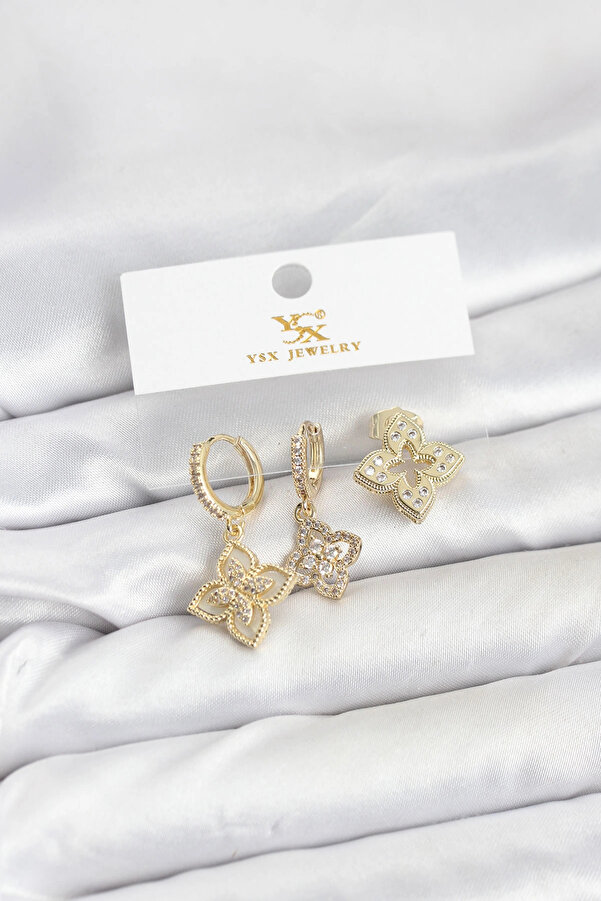 Buti̇k Pi̇ri̇nç Gold Renk Yonca Model Ysx Tri̇o Küpe Seti̇