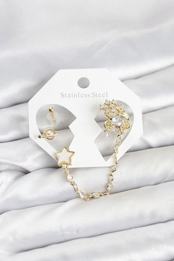 Buti̇k Pi̇ri̇nç Gold Renk Yıldız Model Zi̇nci̇r Bağlantılı Ear Cuff Küpe Seti̇