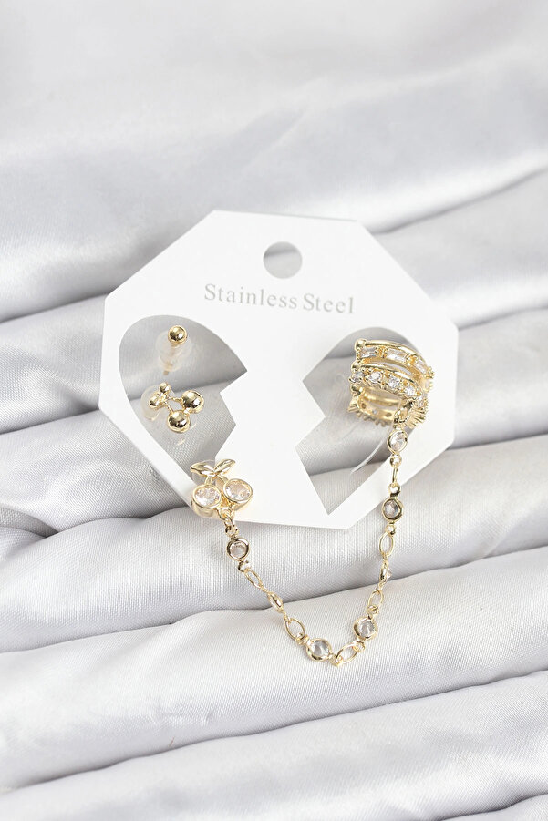 Buti̇k Ki̇raz Model Pi̇ri̇nç Gold Renk Zi̇nci̇r Bağlantılı Ear Cuff Küpe Seti̇