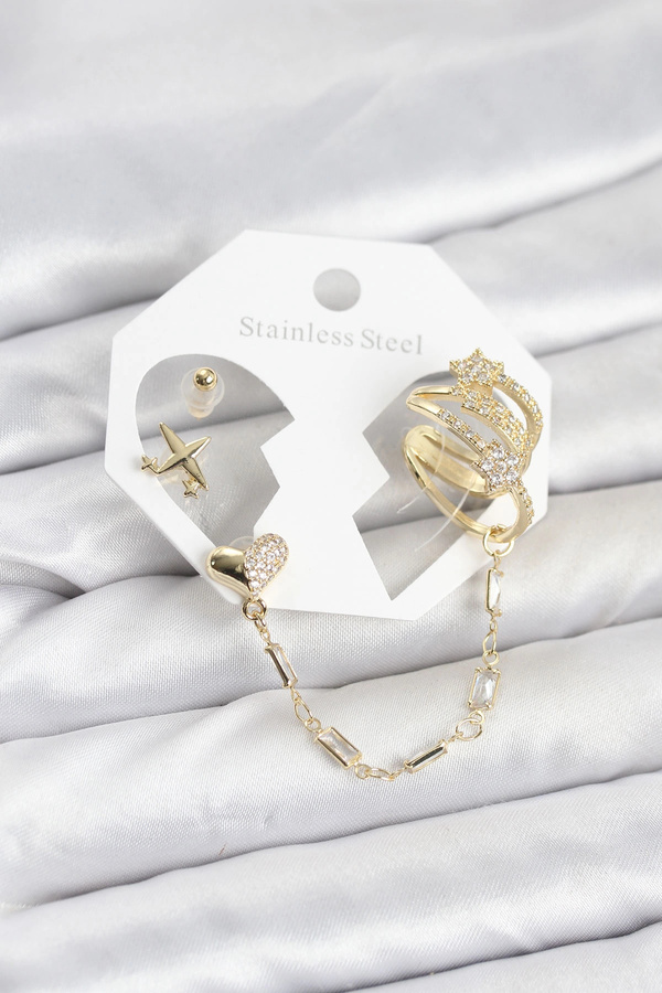 Buti̇k Kalp Yıldız Model Pi̇ri̇nç Gold Renk Zi̇nci̇r Bağlantılı Ear Cuff Küpe Seti̇