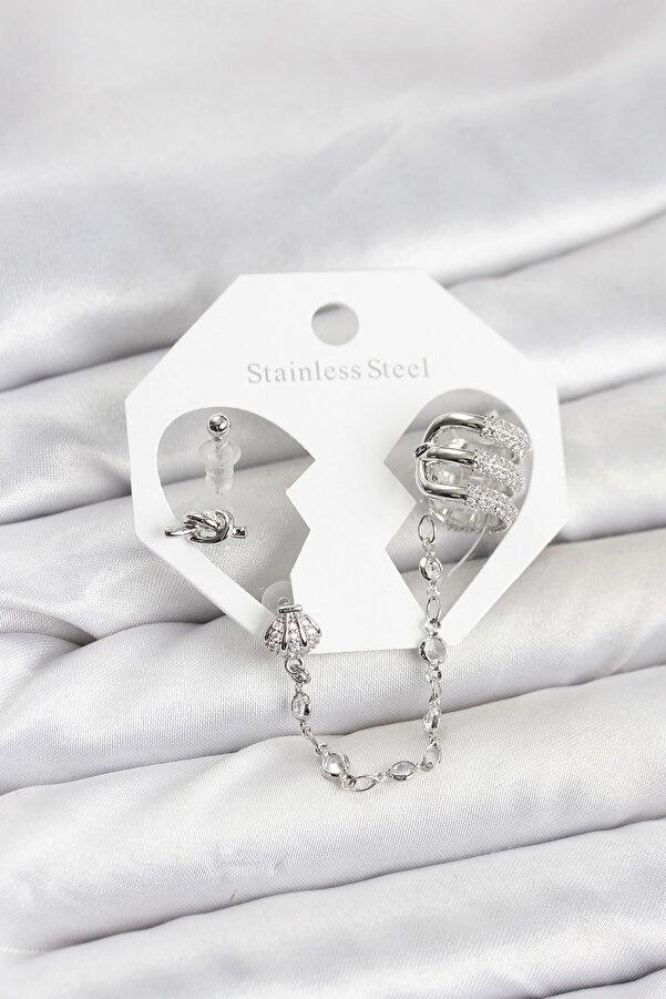 Buti̇k Pi̇ri̇nç Gümüş Renk Sarmal Model Zi̇nci̇r Bağlantılı Ear Cuff Küpe Seti̇
