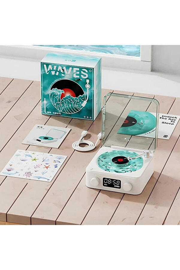 Evimdeyokyok Waves Nostalji Plak Görünümlü Bluetooth Hoparlör 3D Ses Dalgası Retro Müzik Plak Mavi