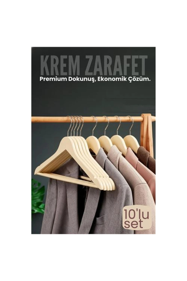 Buti̇k 10 Lu Lüks Krem Elbi̇se Ceket Askısı - Ergonomi̇k & Kaymaz Plasti̇k Askı Seti̇ - Ahşap Görünümlü
