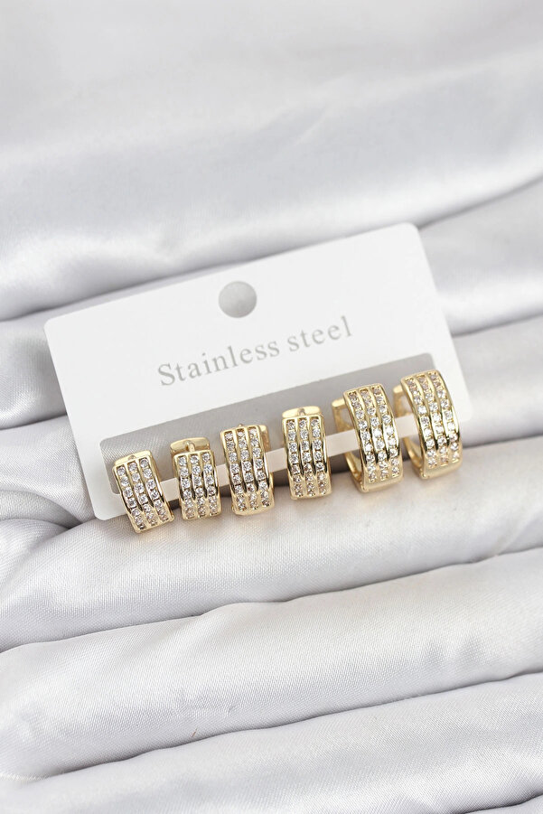 Buti̇k 316L Çeli̇k Zi̇rkon Taşlı Gold Halka Küpe Seti̇