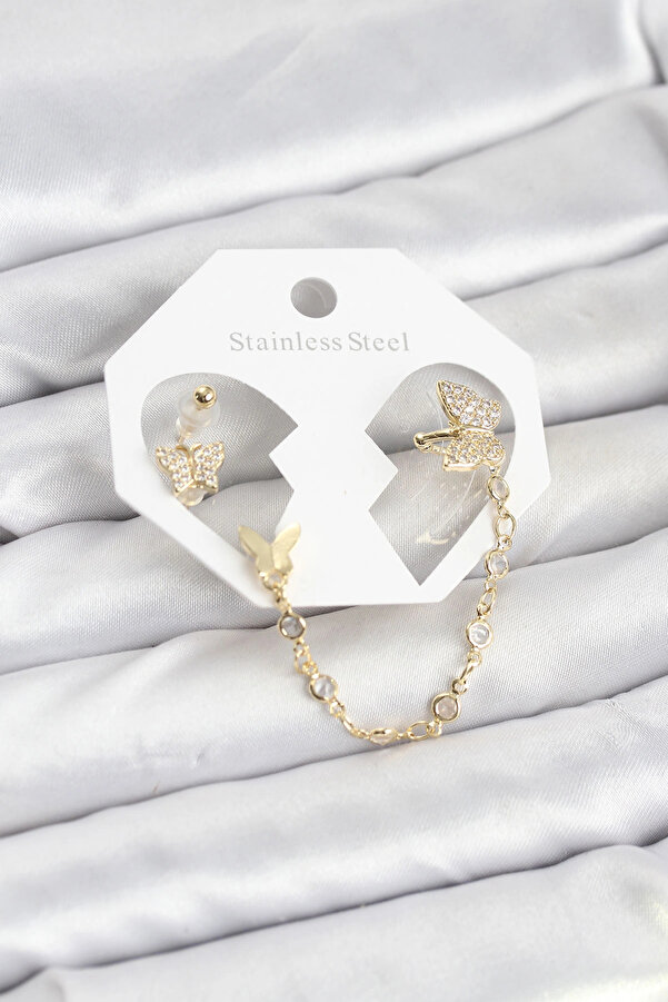 Buti̇k Kelebek Model Pi̇ri̇nç Gold Renk Zi̇nci̇r Bağlantılı Ear Cuff Küpe Seti̇