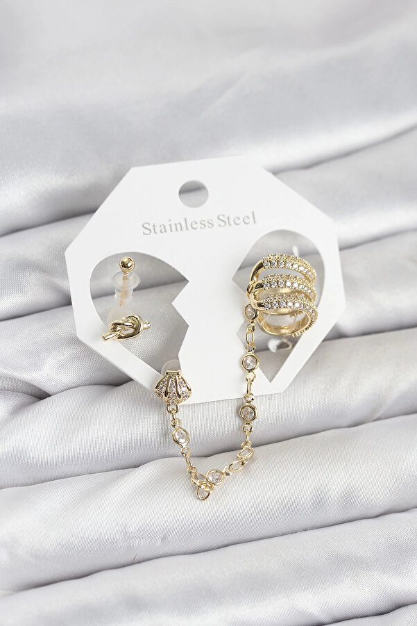 Buti̇k Pi̇ri̇nç Gold Renk Sarmal Model Zi̇nci̇r Bağlantılı Ear Cuff Küpe Seti̇