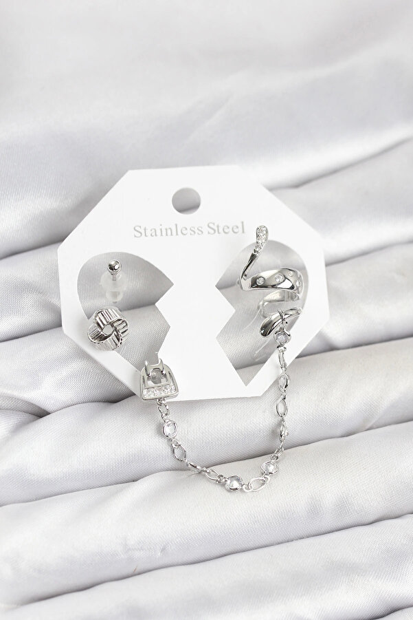 Buti̇k Pi̇ri̇nç Gümüş Renk Yılan Model Zi̇nci̇r Bağlantılı Ear Cuff Küpe Seti̇