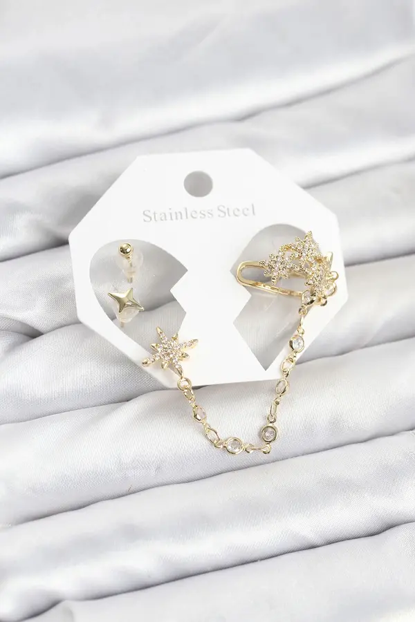 Buti̇k Kutup Yıldızı Model Pi̇ri̇nç Gold Renk Zi̇nci̇r Bağlantılı Ear Cuff Küpe Seti̇