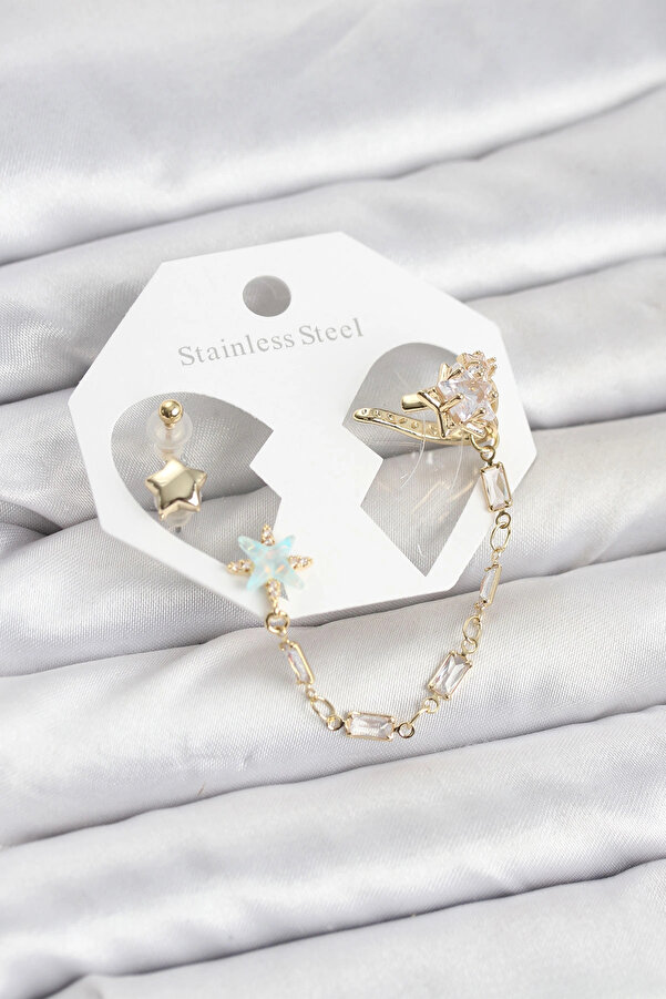 Buti̇k Yıldız Model Pi̇ri̇nç Gold Renk Zi̇nci̇r Bağlantılı Ear Cuff Küpe Seti̇