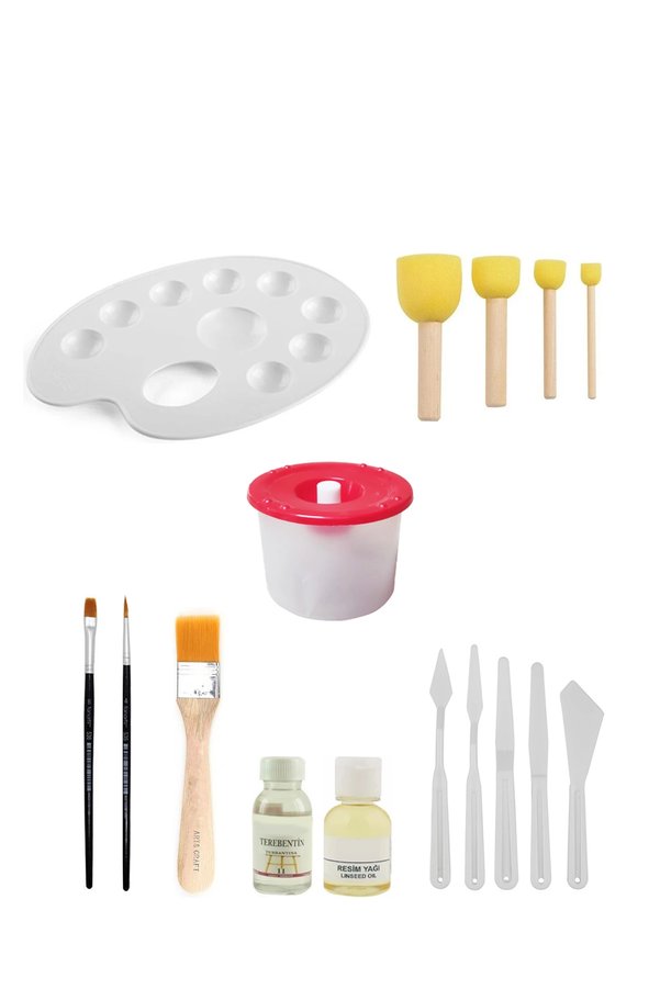 ACUTO Palet Ponpon Fırça Düz Yuvarlak Fırça Resim Yağı Terebentin Su Kabı Plastik Spatula Seti Zemin Fırça