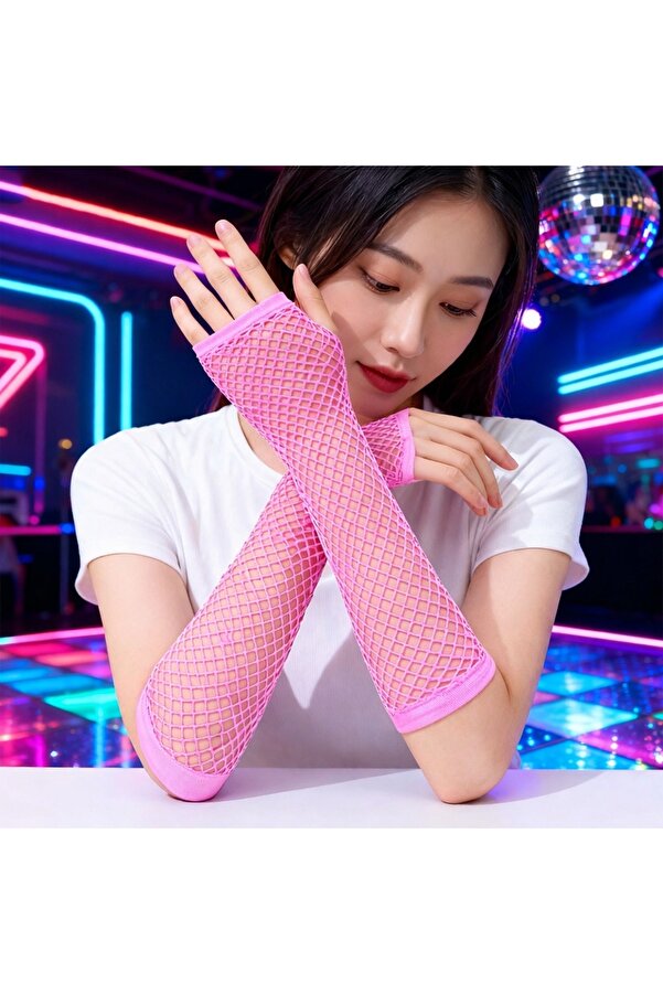 Ethab Ti̇caret 80’Ler 90’Lar Retro Neon Pembe Fi̇le Parmaksız Eldi̇ven 26 Cm