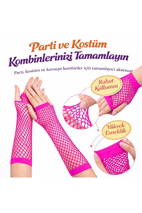 Ethab Ti̇caret 80’Ler 90’Lar Retro Neon Fuşya Şeker Pembesi̇ Fi̇le Parmaksız Eldi̇ven 26 Cm