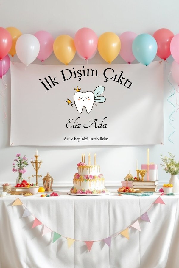 Puppetzzz Kişiye Özel Büyük Ebat Birinci Kalite Kumaş İlk Dişim Çıktı Duvar Örtüsü Flama Halısı DişTemalı