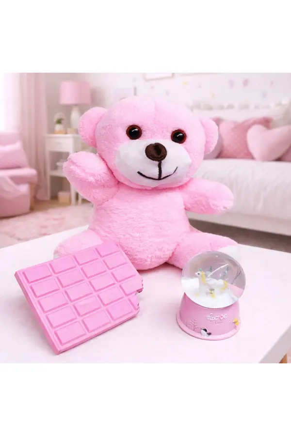 Evi̇mdeyokyok Pembe Peluş Ayıcık Kar Küresi̇ Ve Pembe Çi̇kolata Not Defteri̇