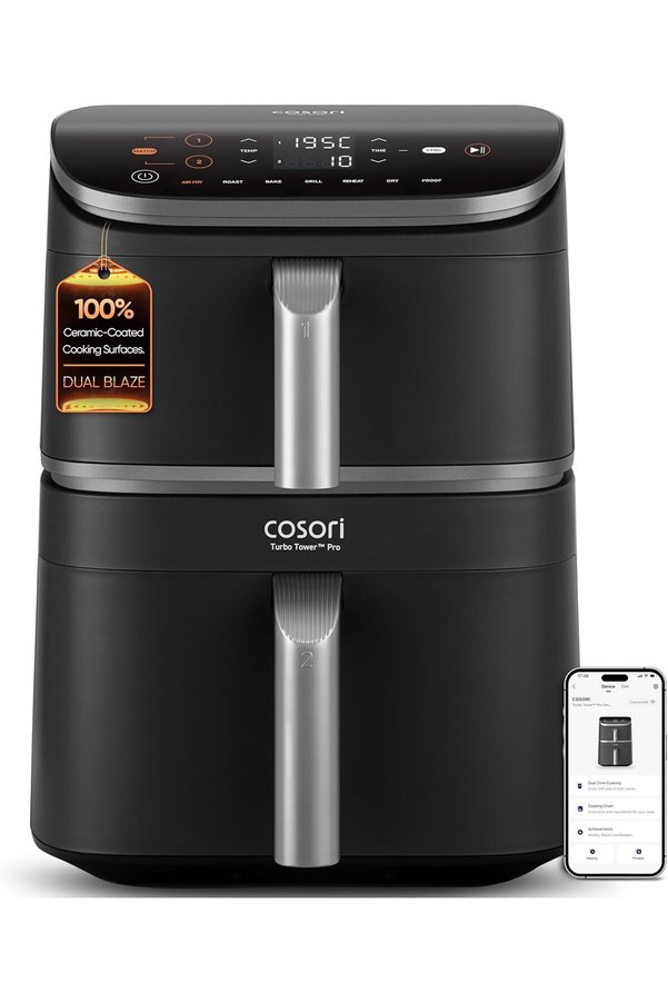Cosorı Turbo Tower Pro Kule Tipi Dual Air Fryer - 10.8L -%100 Seramik Kaplama ve Wi-Fi Kontrolü