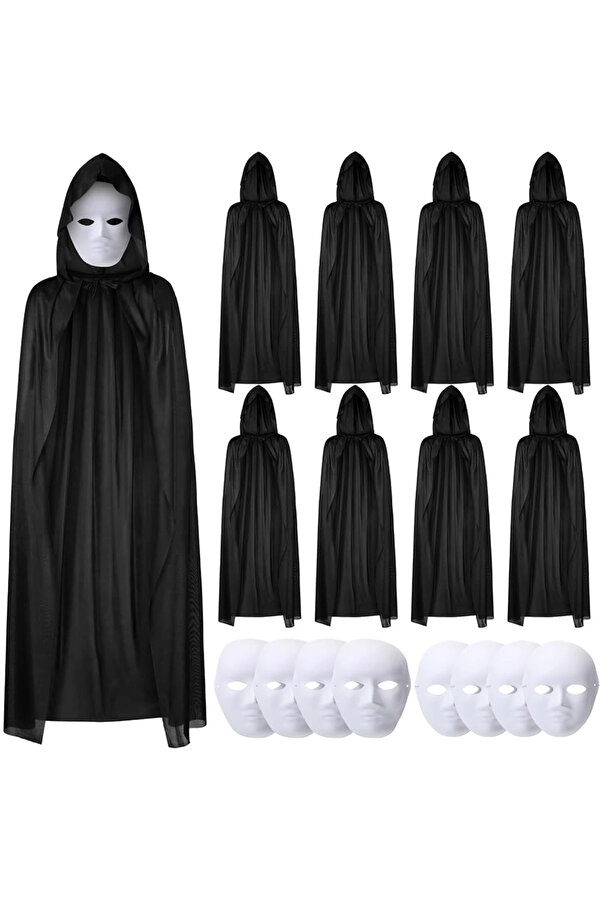 Evi̇mdeyokyok 120 Cm Si̇yah Kapüşonlu Peleri̇n Ve Boyanabi̇li̇r Karton Maske 8’Li̇ Set