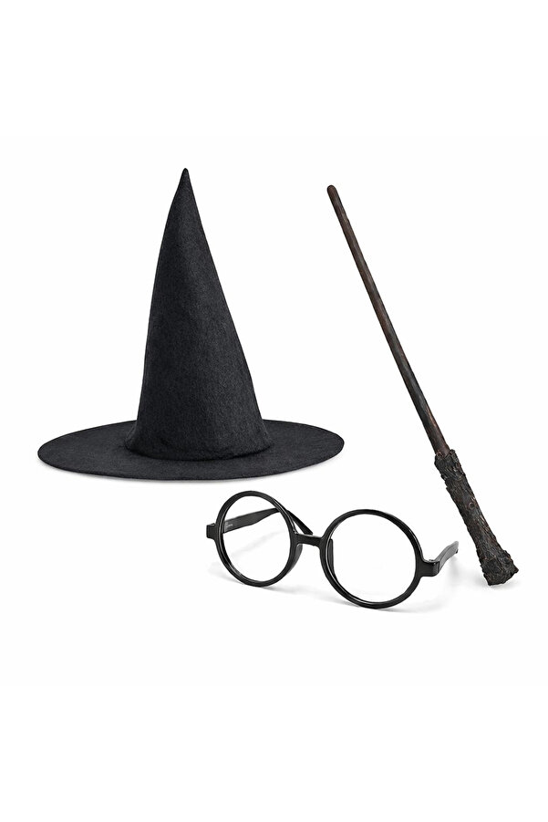 Evi̇mdeyokyok Harry Potter Tarzı Çocuk Seti̇ (Si̇yah Keçe Şapka, Asa, Gözlük)